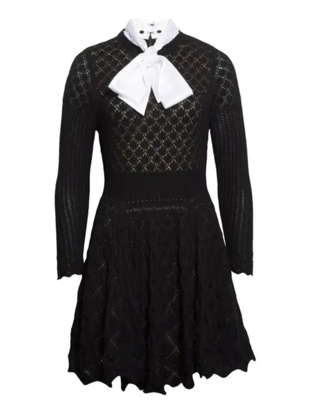 Alice + Olivia Wool Silk Tie Neck Pointelle Knit Mini Sweater Dress Size Large